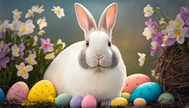 Кролик сидит среди пасхальных яиц со словами пасха в правом нижнем углу.