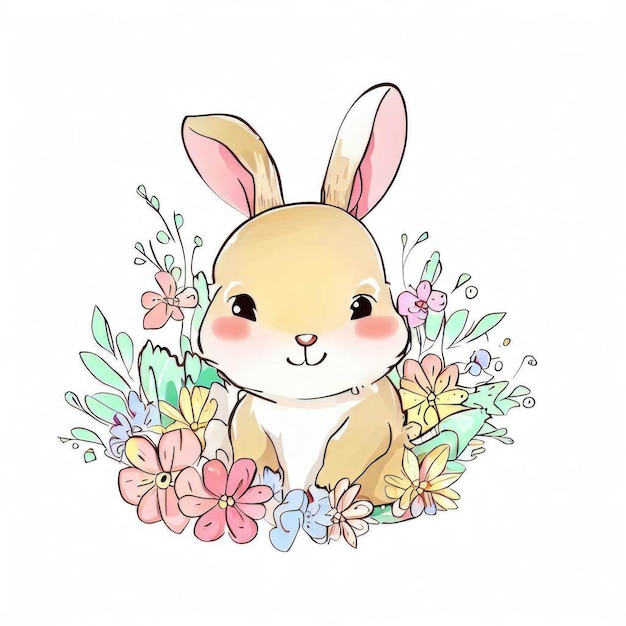 A bunny sits in a field of flowers.