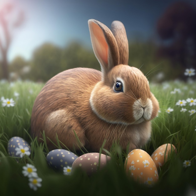 Кролик сидит в поле с пасхальными яйцами.