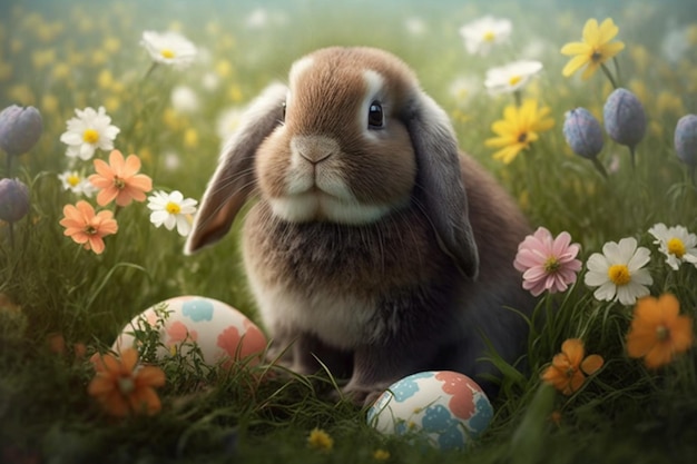 A bunny sits among flowers and easter eggs.