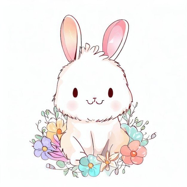 A bunny sits among flowers