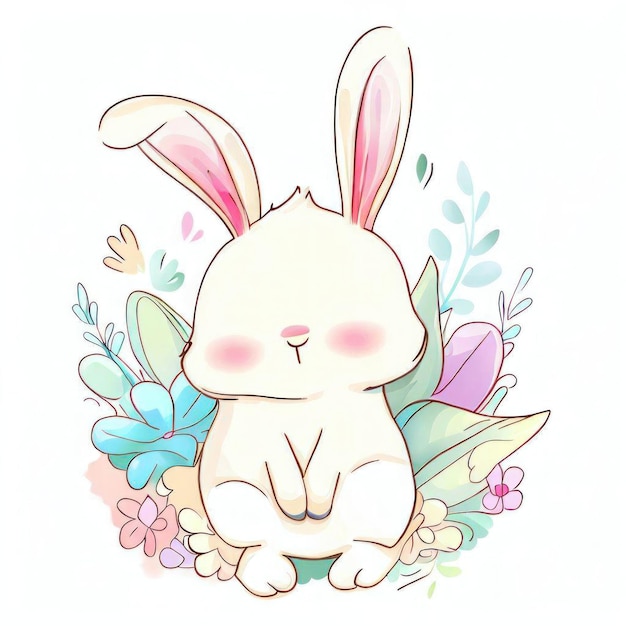 A bunny sits in a flowery background.