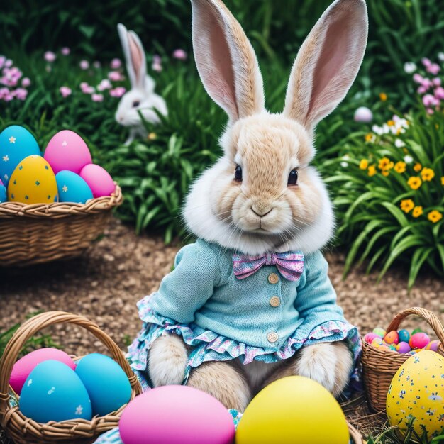 Foto un coniglietto si siede davanti a un cesto di uova di pasqua.