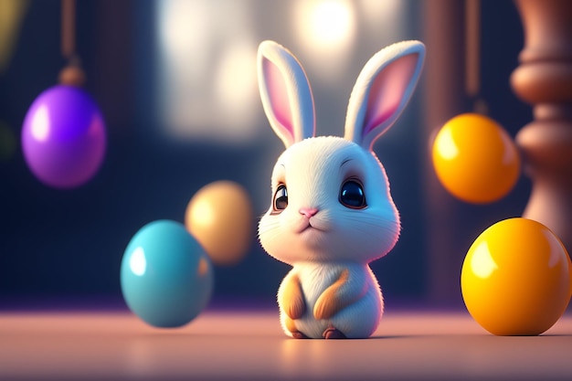 A bunny sits in front of a bunch of easter eggs.