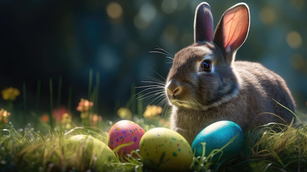 A bunny sits in the grass in front of a forest background.