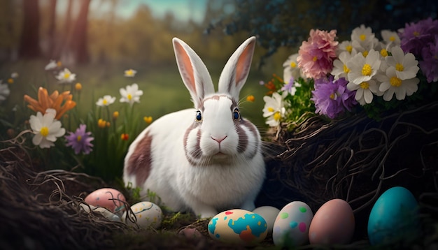 A bunny sits in a grass surrounded by easter eggs.