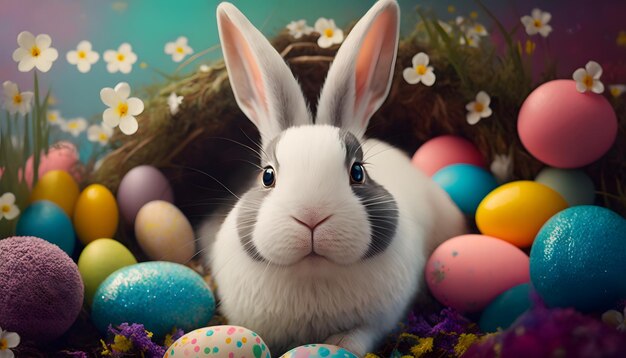 A bunny sits in a nest of easter eggs.