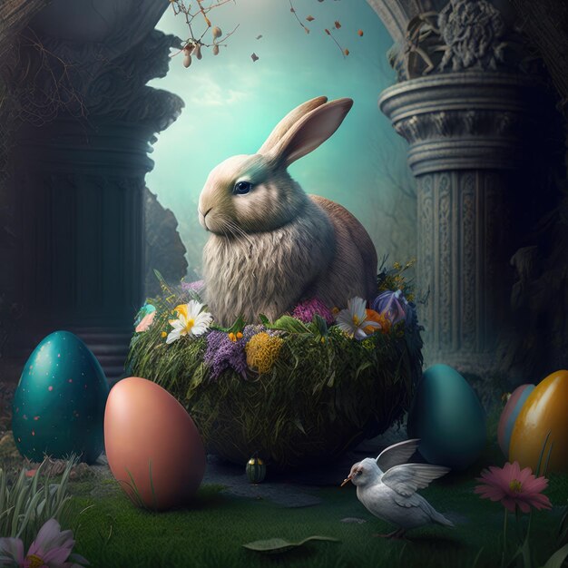 A bunny sits in a nest with colorful eggs and flowers.