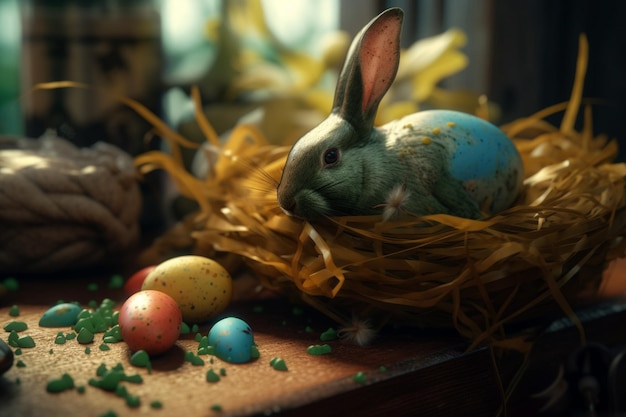 Кролик сидит в гнезде с разноцветными яйцами.
