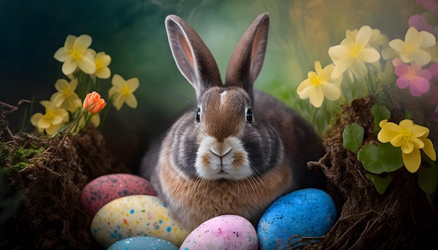 A bunny sits in a nest with eggs and flowers.