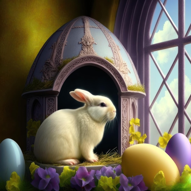 A bunny sits in a nest with a painted egg.