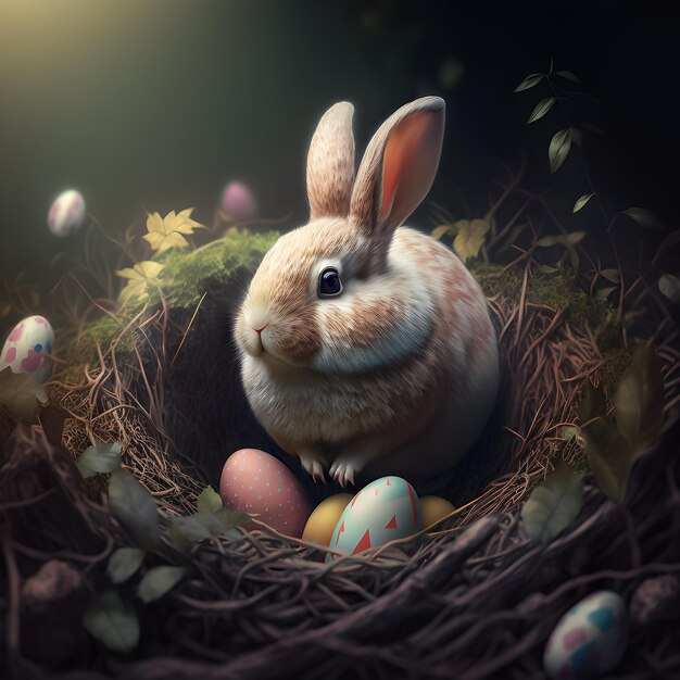 A bunny sits in a nest with painted eggs.