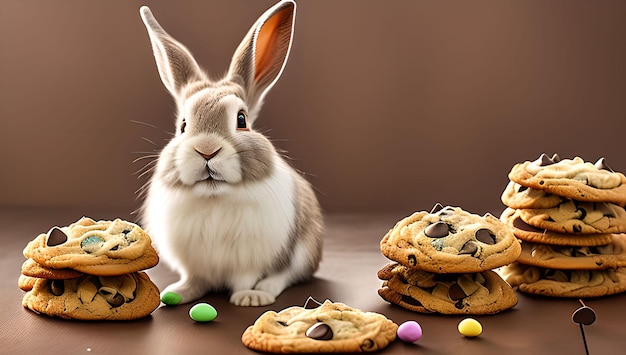초콜릿 칩 쿠키 더미 옆에 토끼가 앉아 있습니다.