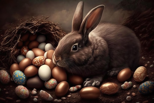 A bunny sits among a pile of easter eggs.