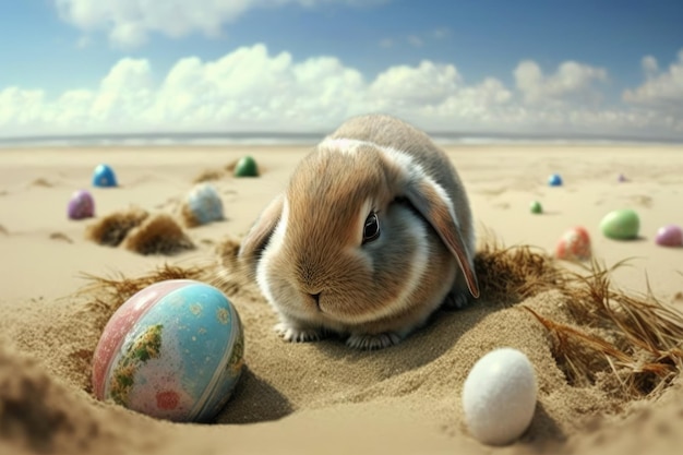 Кролик сидит на песке с пасхальными яйцами.