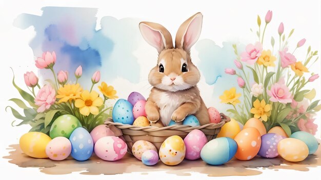 A bunny sitting in a basket with eggs and flowers