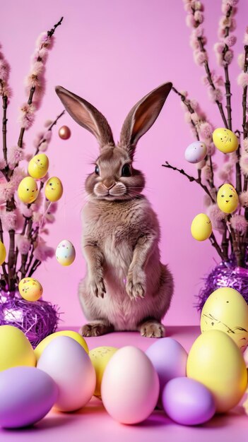 Bunny Sitting in Front of Easter Eggs