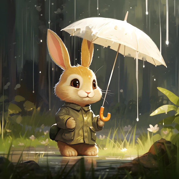 A bunny sitting on the grass holding an umbrella early morning light rain forest grass