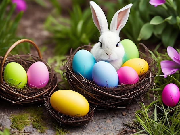 Bunny sitting in a nest with Easters eggs in natural background