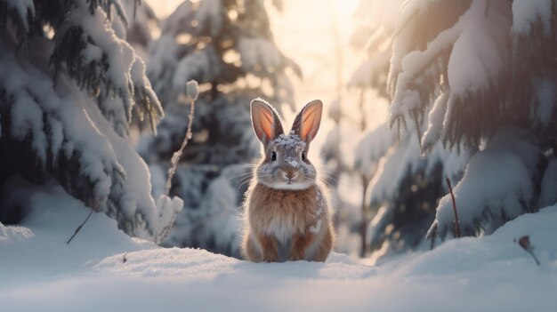 A bunny on the snow in the forest