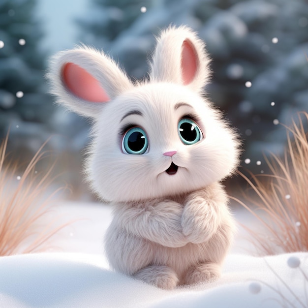 A bunny in the snow with blue eyes