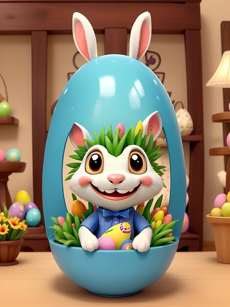 A bunny stands next to an easter egg and decorated easter eggs