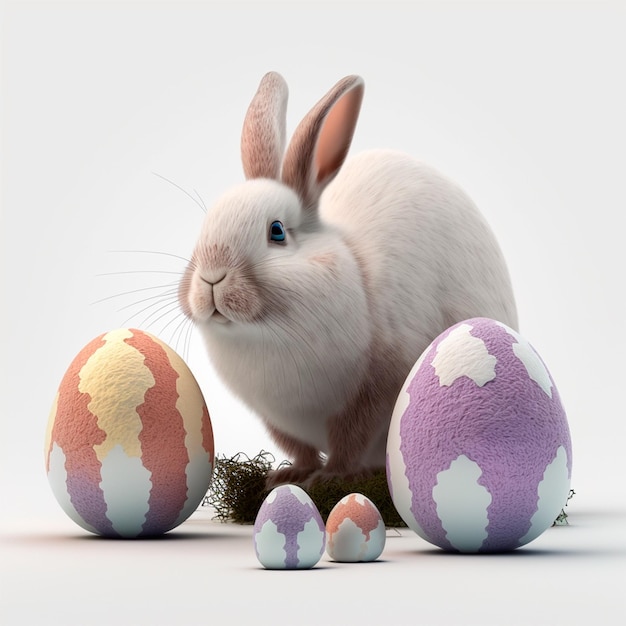 A bunny stands among easter eggs and looks at the camera.