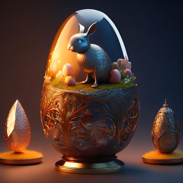 A bunny statue sits in an egg with a golden base.