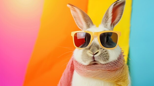 ウサギのサングラスとスカーフと スタジオでカラフルで明るい背景で ジェネレーティブ・アイ