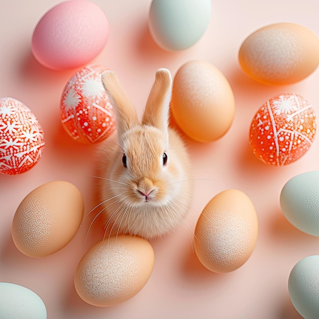 Кролик в окружении украшенных пасхальных яиц персикового цвета
