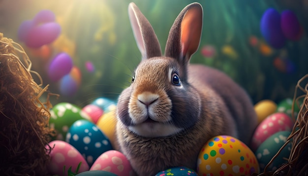 A bunny surrounded by easter eggs in a forest