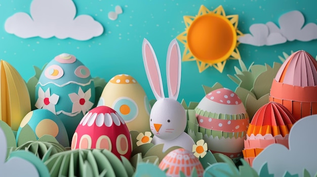 A bunny surrounded by easter eggs in a sweet illustration aige