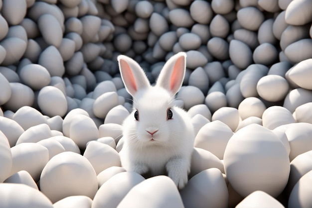 a bunny surrounded by many shiny easter eggs