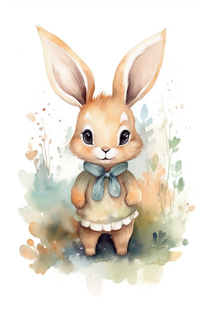 Bunny watercolor clipart cute isolated on white background with Generative AI Technology