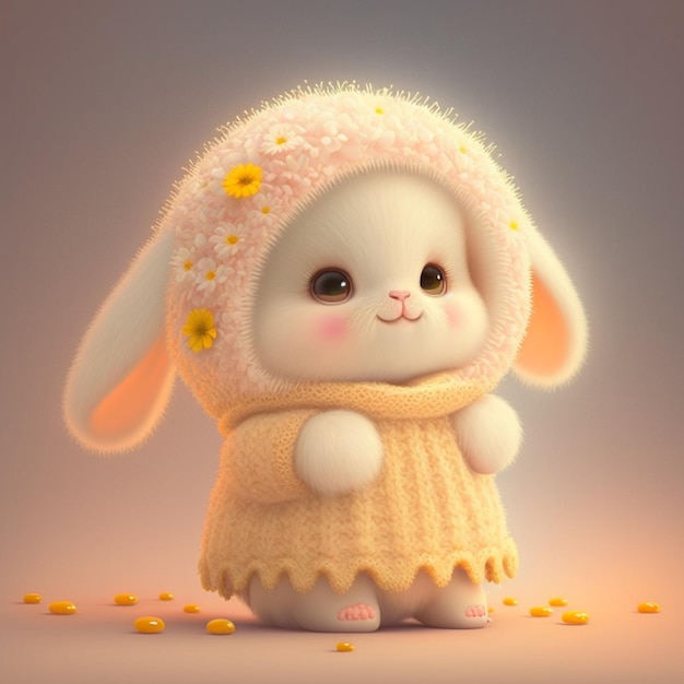 A bunny wearing a dress and a sweater with yellow flowers on it.