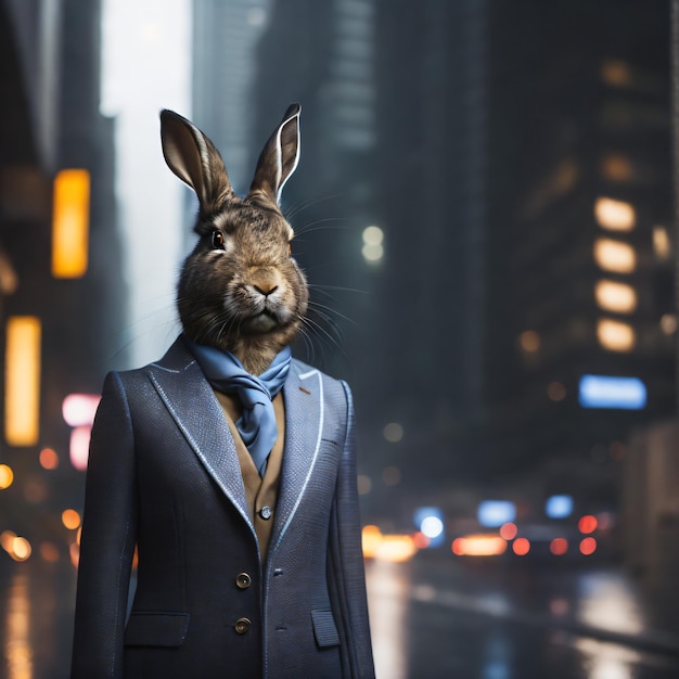 a bunny wearing an elegant suit portrait shot rainy city