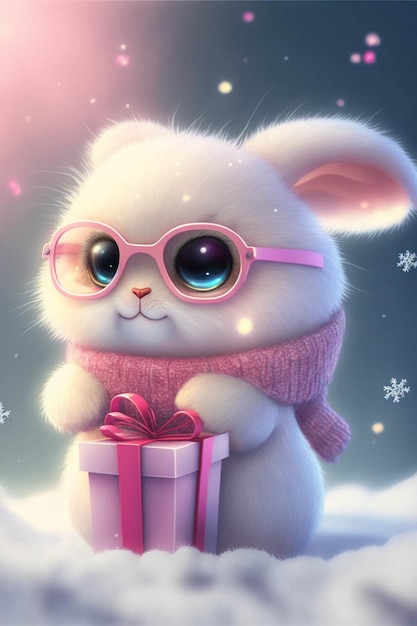 Bunny wearing glasses holding a present in the snow generative ai