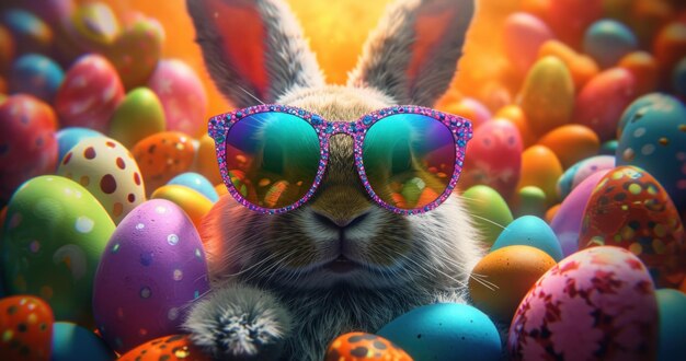 Bunny Wearing Sunglasses in a Group of Eggs