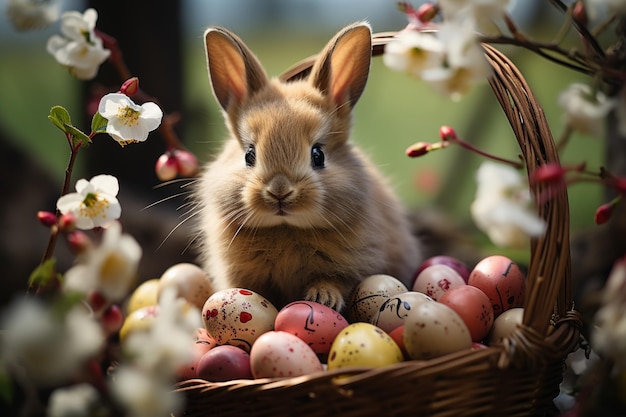 bunny in a wicker basket with eggs and spring flowers on lawn soft blurred background