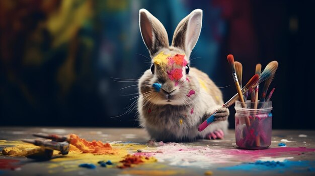 A bunny with artistic tools crafting a masterpiece with its adorable paw strokes