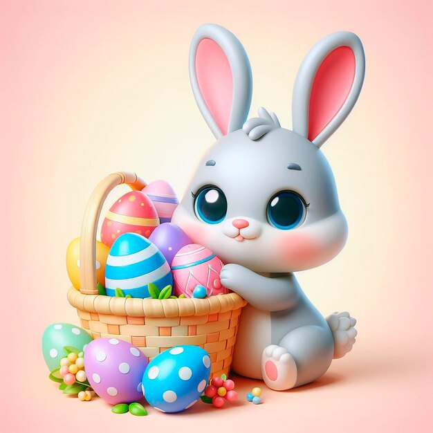 Photo a bunny with a basket of easter eggs and a basket of easter eggs