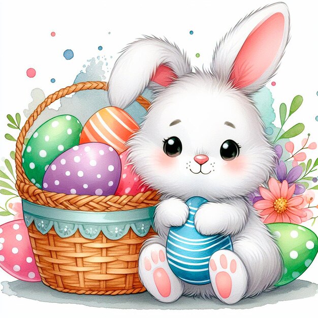 Photo a bunny with a basket of eggs and a bunny with a basket of easter eggs