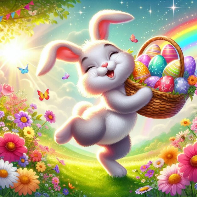 Photo a bunny with a basket of eggs and butterflies