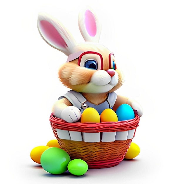 A bunny with a basket of eggs in it