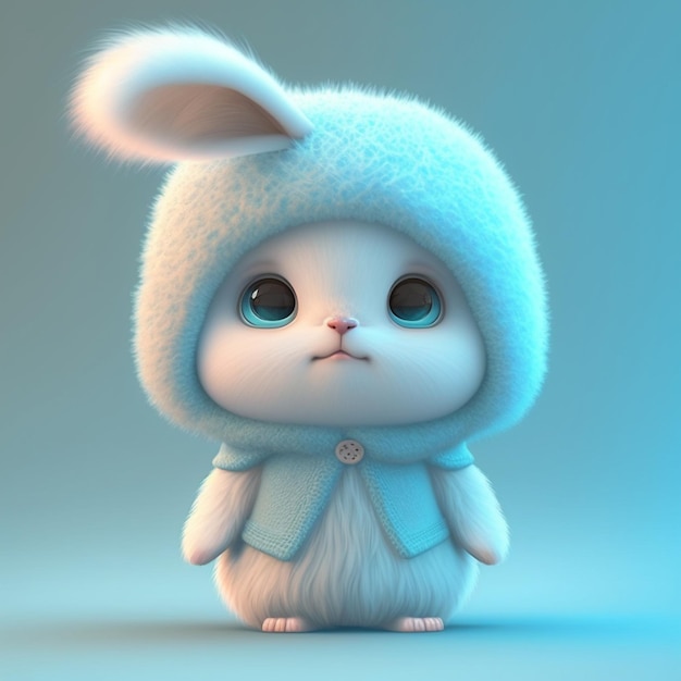 A bunny with big eyes and a blue hoodie.