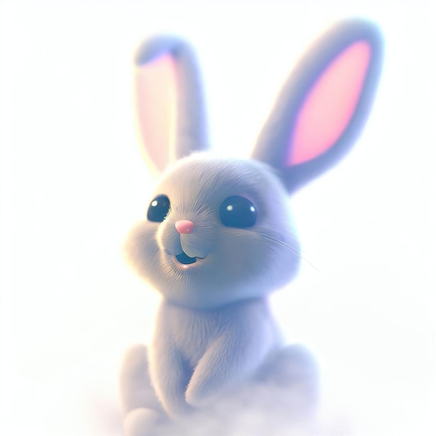 A bunny with big eyes is sitting in a cloud.