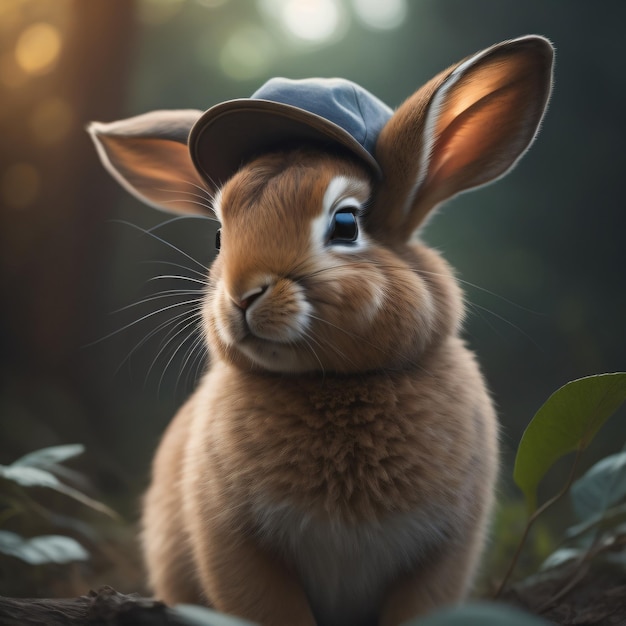 A bunny with a blue cap is standing on a tree.