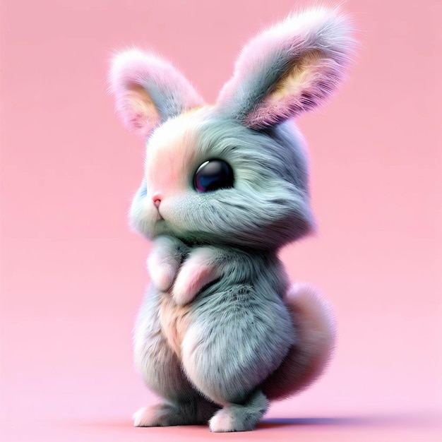 A bunny with blue eyes stands on a pink background.