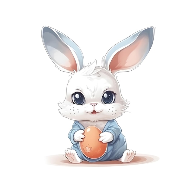 A bunny with a blue robe holds an egg in his hands.