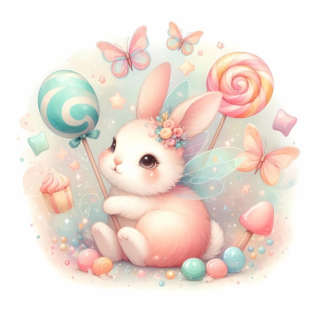 a bunny with a bow on its neck sits on a swing with a candy and the words bunny